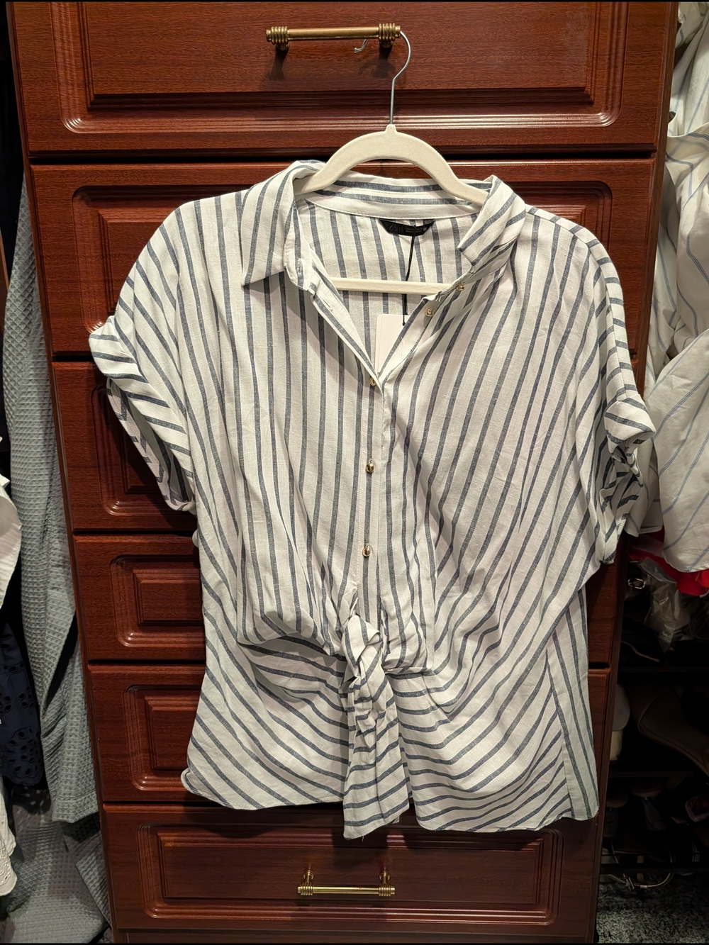 Zara White & Navy Vertical-Stripe Tie-Front Button Down